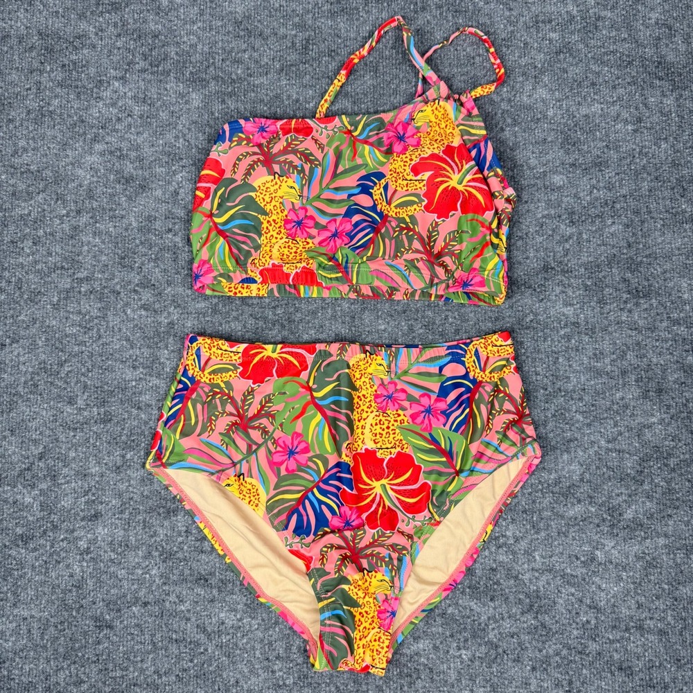 NWOT Dokotoo Womens Tropical Leopard Print One Shoulder High Waisted Bikini Set